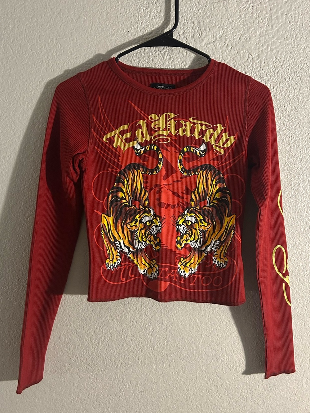 Ed Hardy Red Long Sleeve Tee with Twin Tiger Graphic
